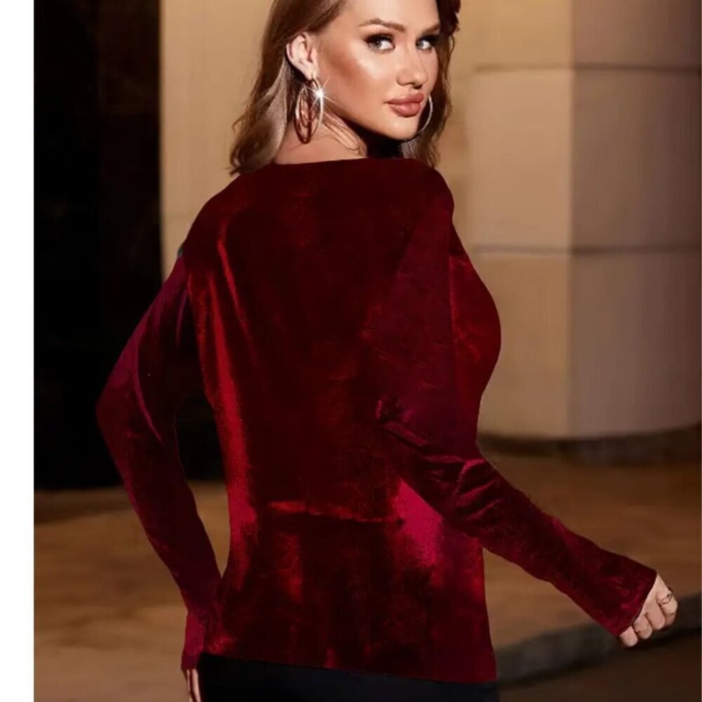 Women's Solid Velvet Cowl Neck Long Sleeve Top in Burgundy Sizes M and L - Picture 4 of 5
